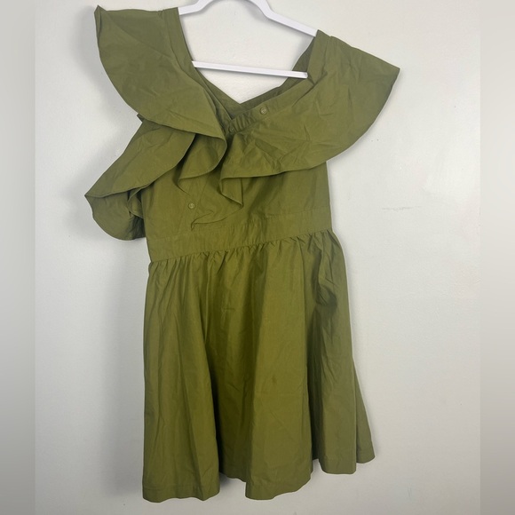 J.O.A olive green asymmetrical ruffle sleeve dress size medium - Picture 4 of 8